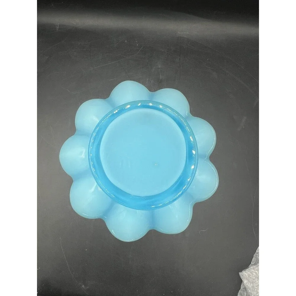 Vintage Fenton Blue Opalescent Melon Vase Ruffled Crimped Rim Art Glass 7.5”